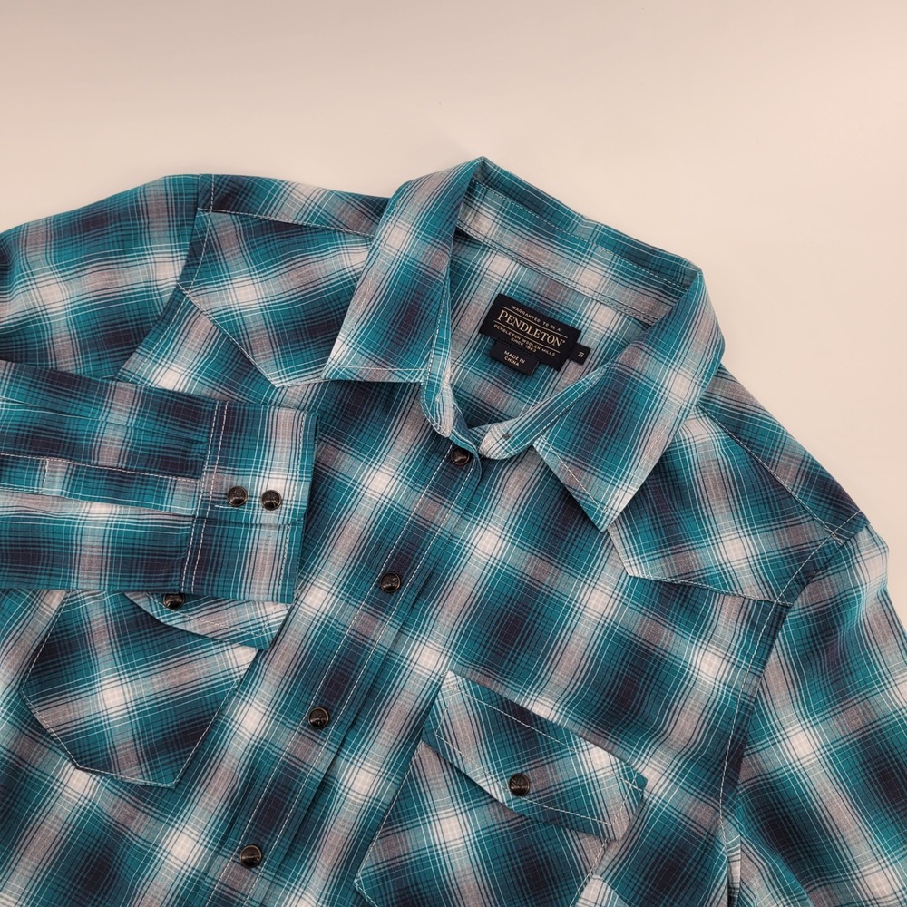 Pendleton Button Down Shirt Womens Small Blue Plaid Western Long Sleeve Cotton